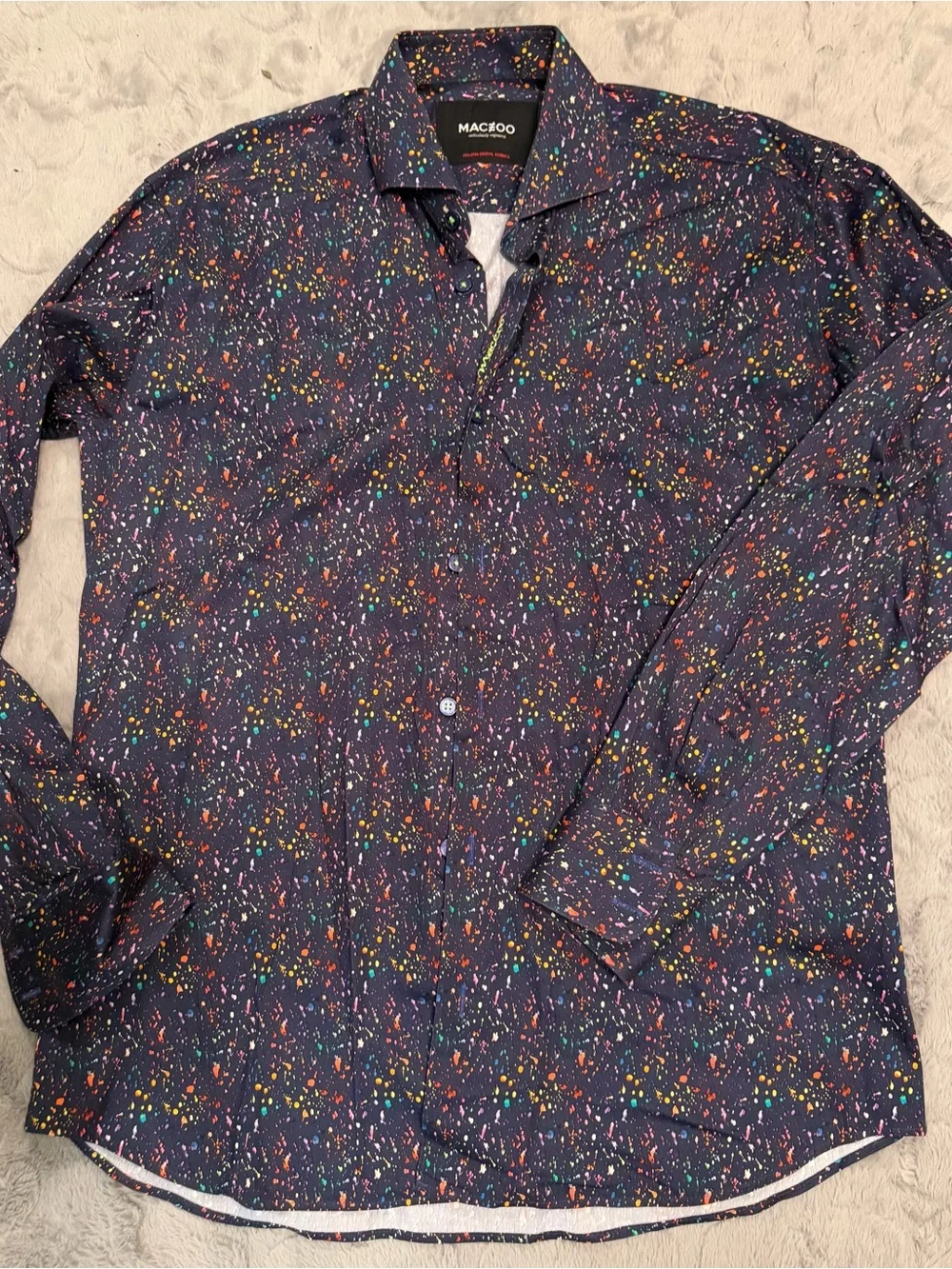 MACEOO men’s Navy Splatter-Print Button-Up Shirt, size 3/M!
